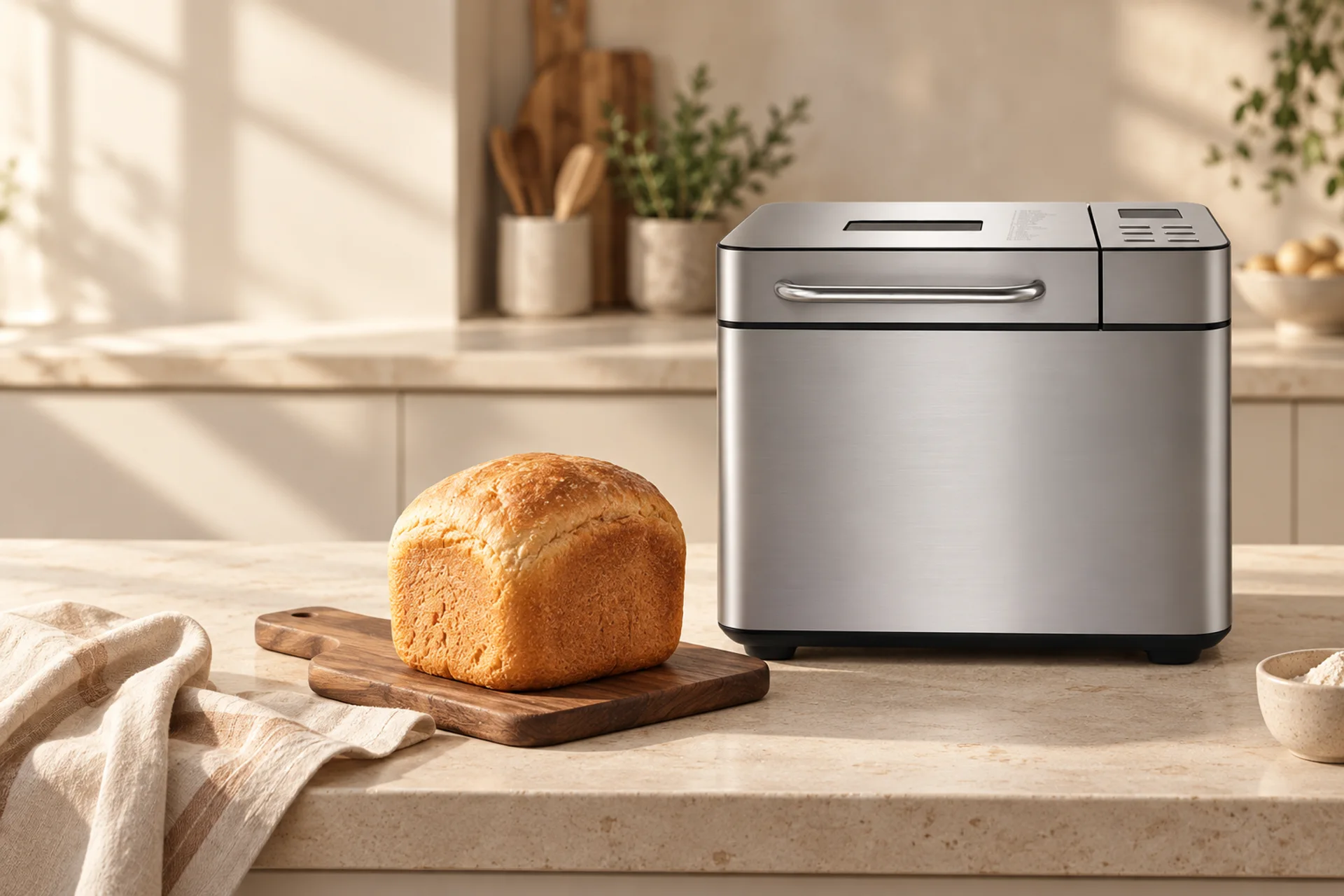 BBM013 bread maker beside a fresh loaf in a warm kitchen
